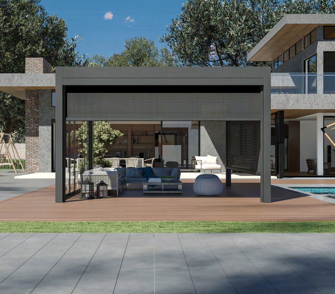 Zipstore zip screen enclosing a dark pergola by a pool